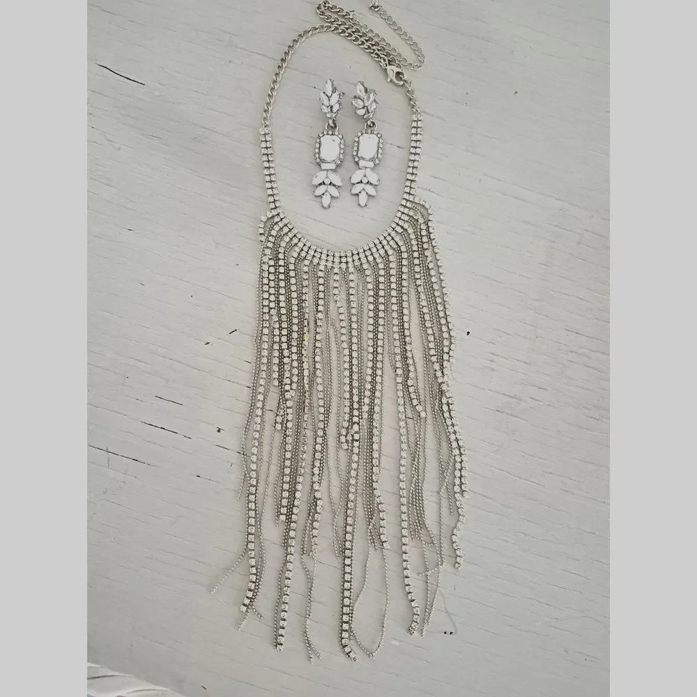 Long Rhinestone Bib Necklace with Earrings Set